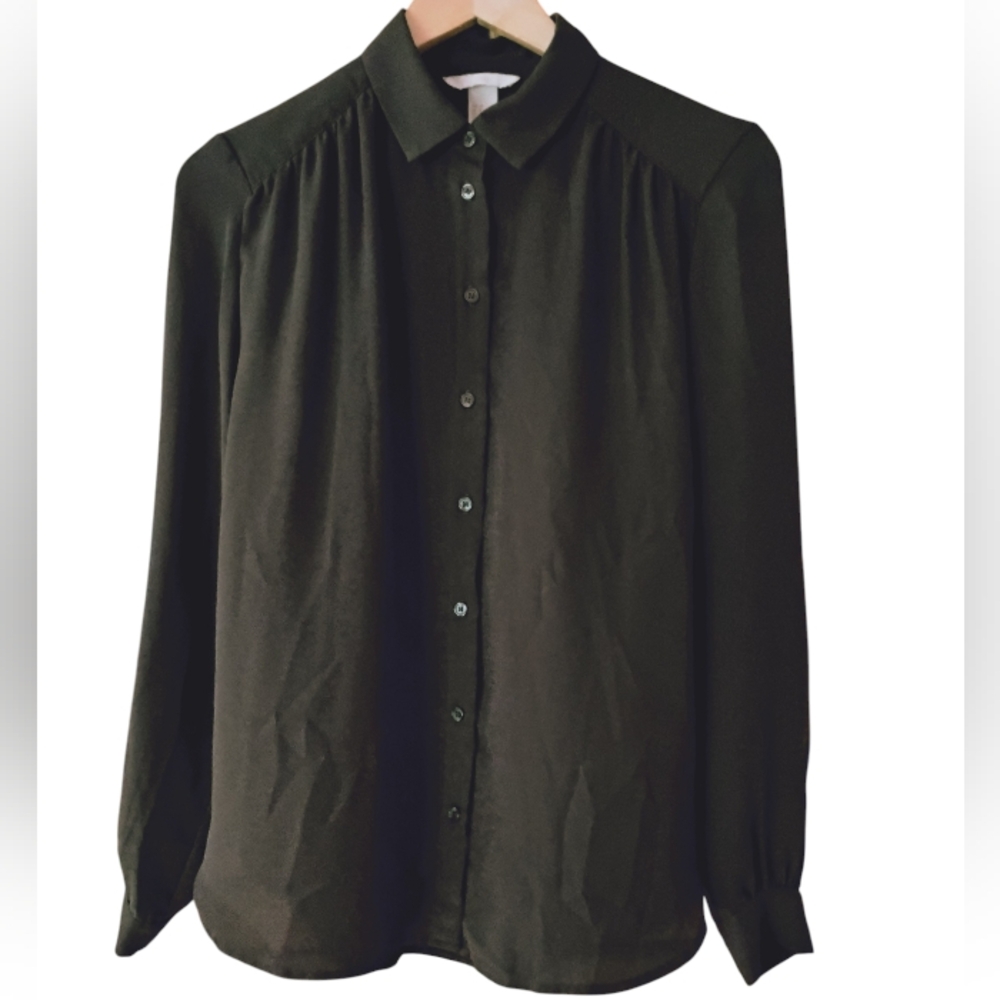 H&M Dark Kacki Green Button Down Long Sleeve Blouse Size 6